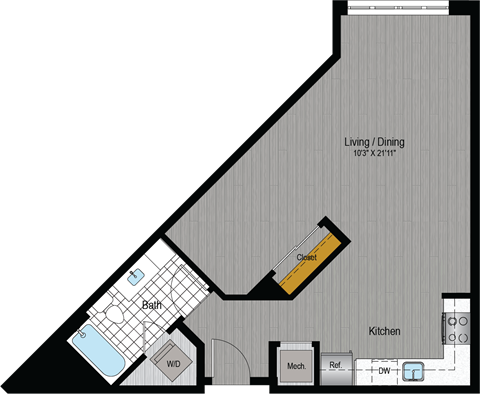 Floor plan for studio, 1 bath, 533 sqft